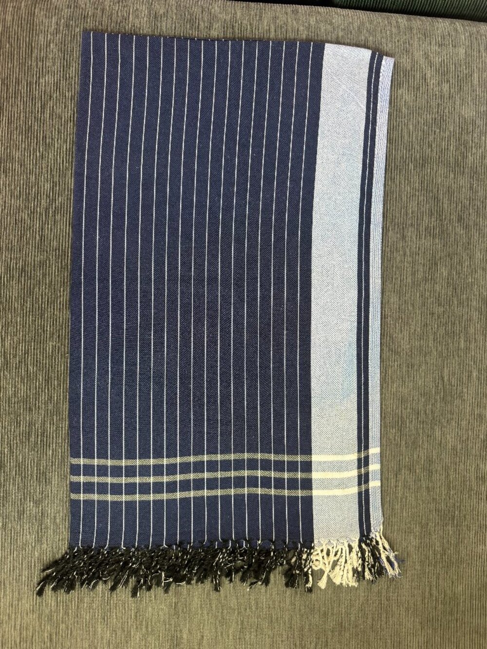 Navy Striped Fringed Scarf / Wrap - Cotton, Approx. 62"